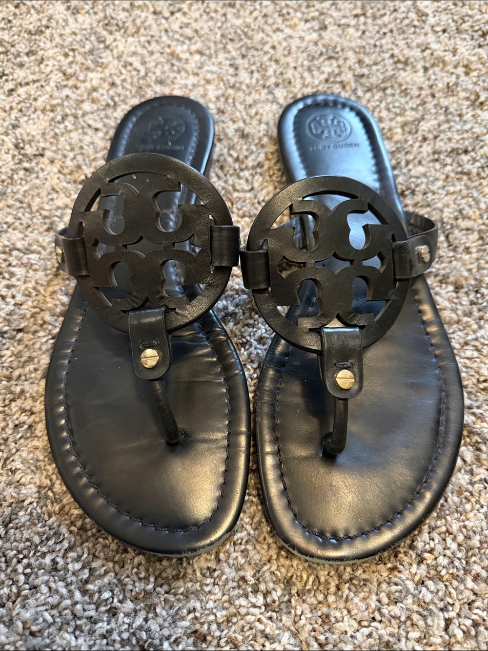 Tory Burch Black Leather Miller Cutout Logo Thong Sandals. Used Cond. Size 9